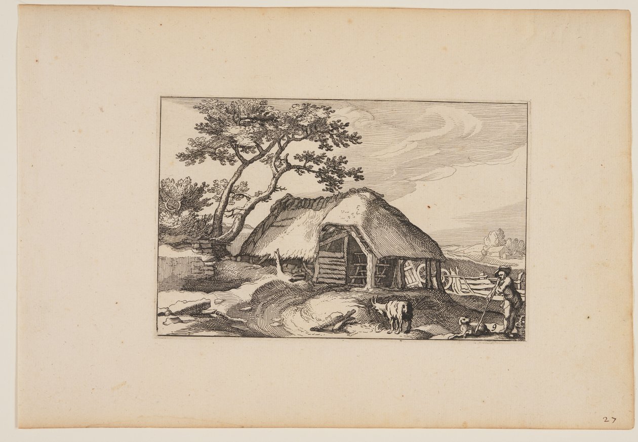 Ladugård, hjord vilar på sin pinne i höger förgrund, från Landskap (Verscheyden aerdige Lanthuysen...) av Claes Jansz. Visscher