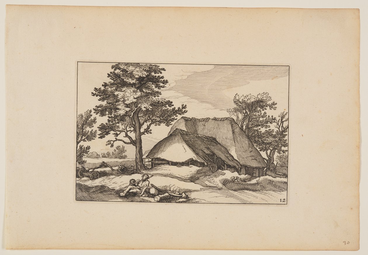 Ladugårdar, rastande hjord och hund i förgrunden, från Landskap (Verscheyden aerdige Lanthuysen...) av Claes Jansz. Visscher