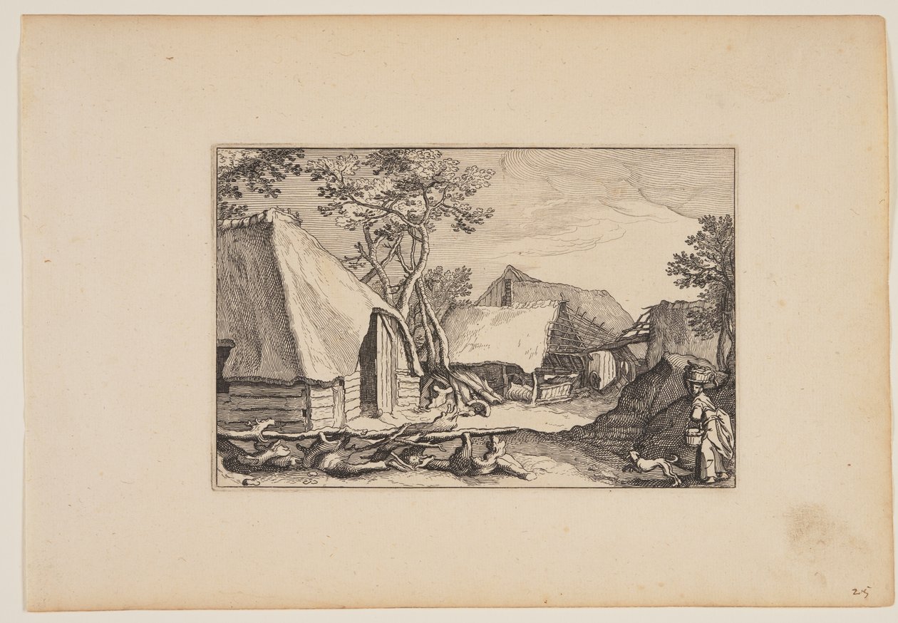 Ladugårdar, kvinna och hund i höger förgrund, från Landskap (Verscheyden aerdige Lanthuysen...) av Claes Jansz. Visscher