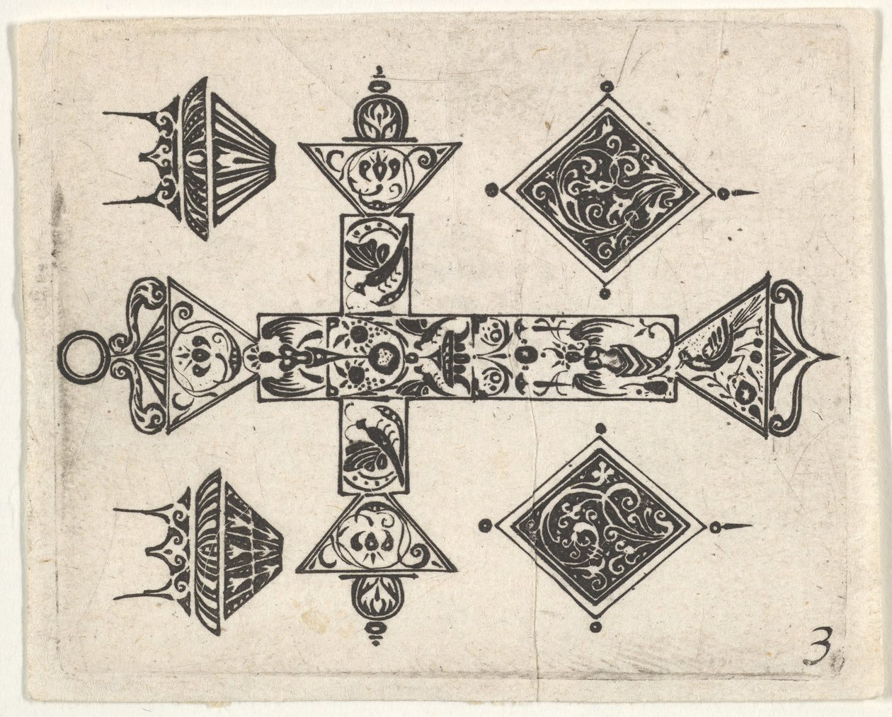 Svarttryck med ett latinskt kors och fyra motiv, ca. 1620. av Claes Jansz Visscher