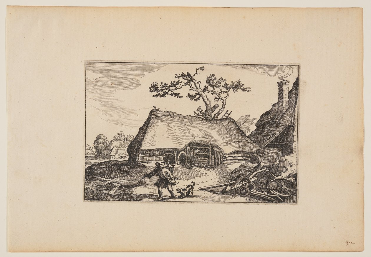 Gård med skjul för en vagn, man med skällande hund, från Landskap av Claes Jansz. Visscher
