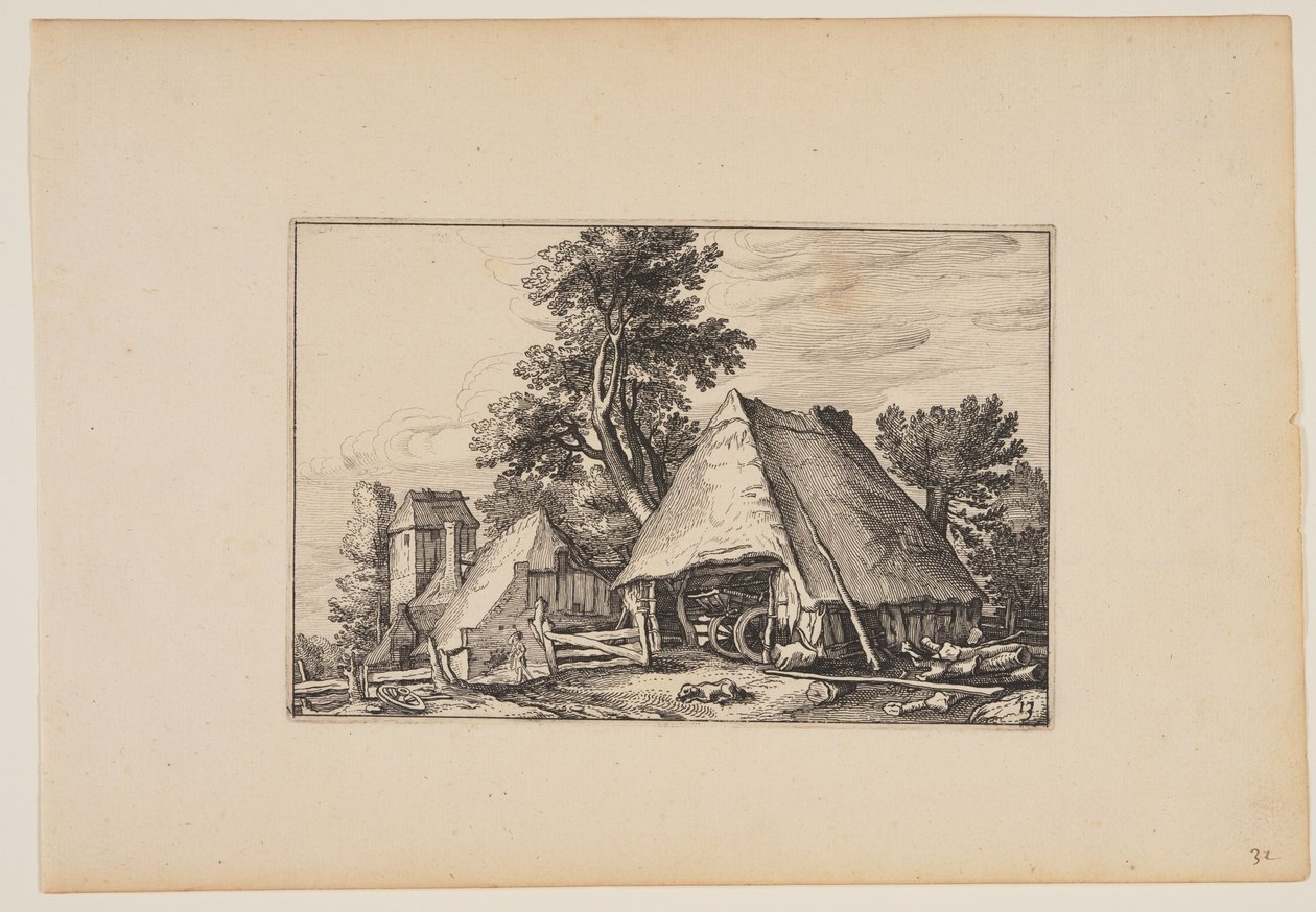 Gård med skjul för en vagn, från Landscapes (Verscheyden aerdige Lanthuysen...) av Claes Jansz. Visscher