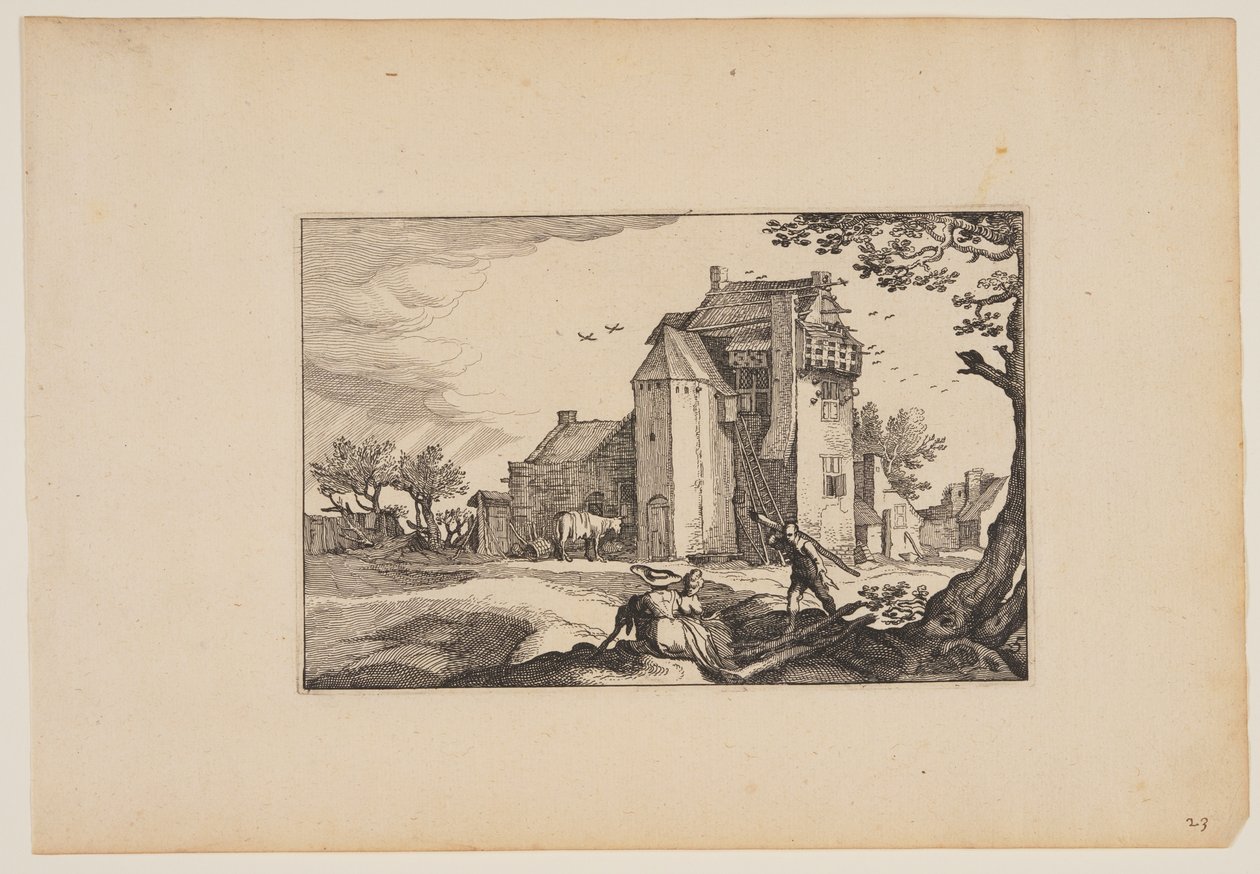 Bondgård med duvhyddor, från Landskap (Verscheyden aerdige Lanthuysen...) av Claes Jansz. Visscher