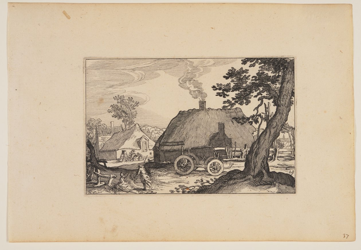 Gårdar, chassit till en vagn i mitten, från Landskap (Verscheyden aerdige Lanthuysen...) av Claes Jansz. Visscher