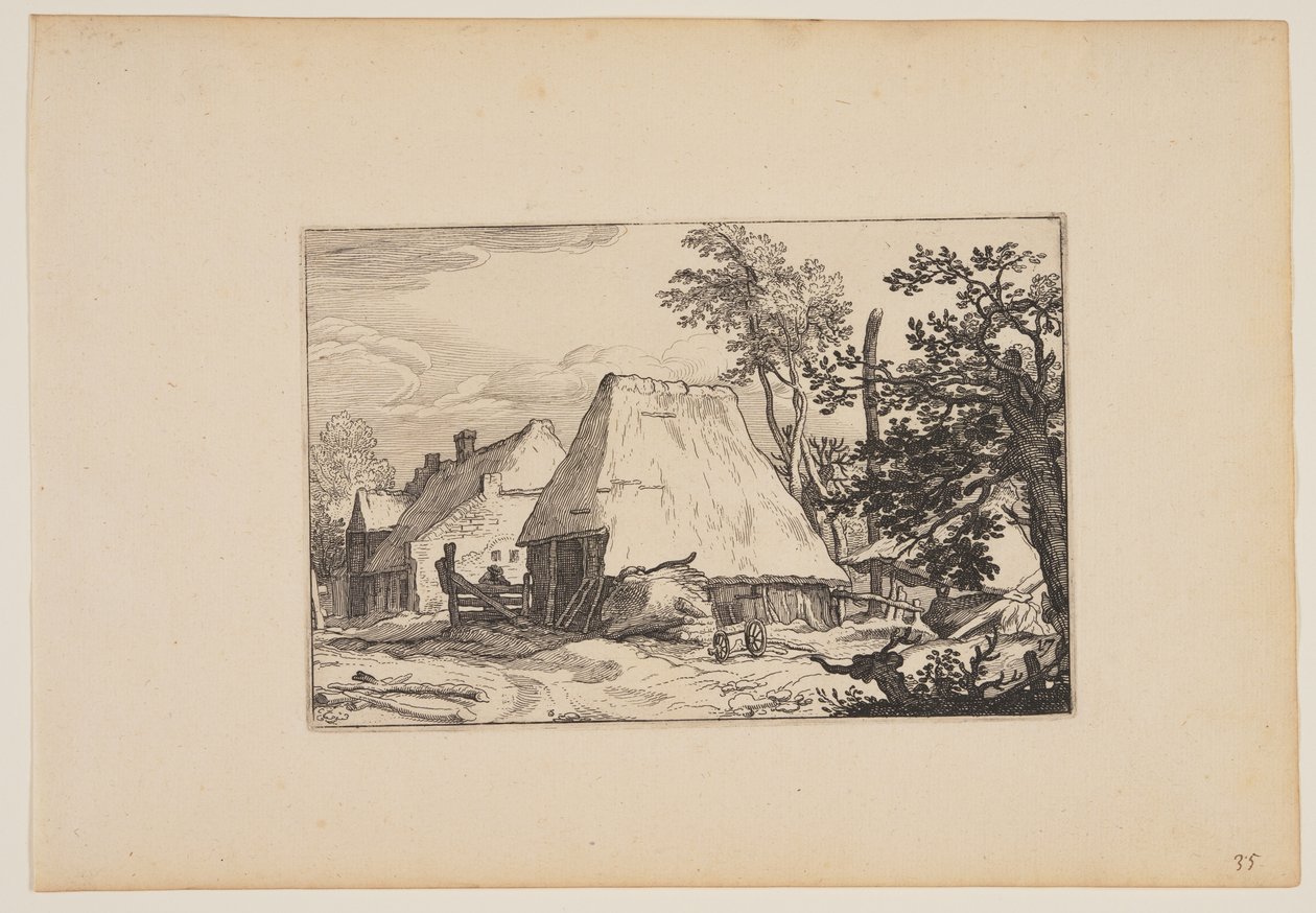 Gårdsplan, man vilar på ett staket till vänster om mitten, från Landskap (Verscheyden aerdige Lanthuysen...) av Claes Jansz. Visscher