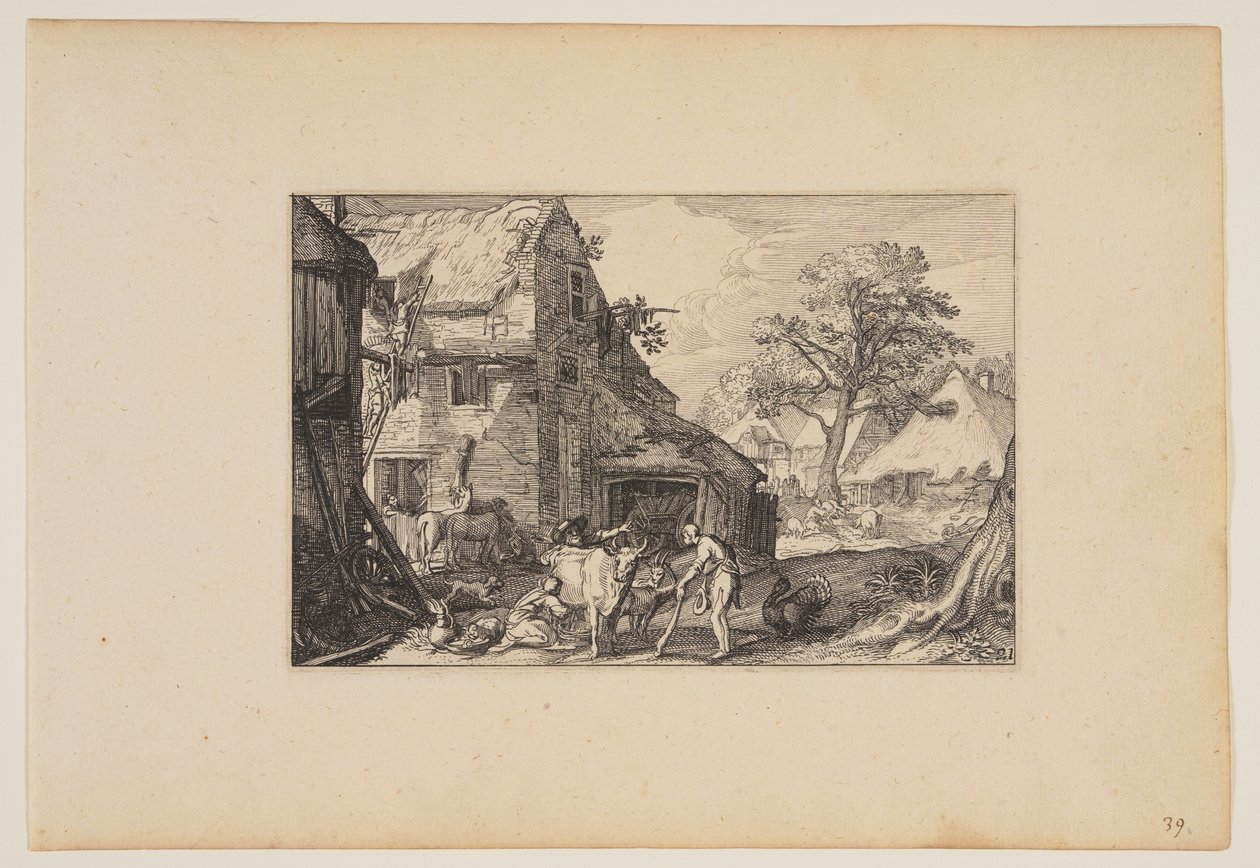 Bondgård, med förlorade sonen bland svinen, från Landskap (Verscheyden aerdige Lanthuysen...) av Claes Jansz. Visscher