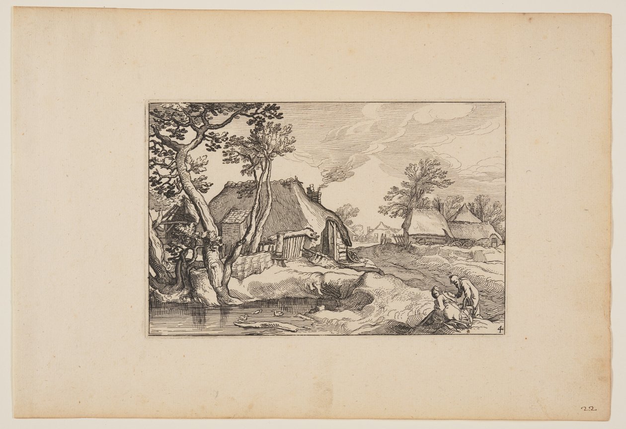 Gammal man och kvinna som vilar vid en damm, från Landskap (Verscheyden aerdige Lanthuysen...) av Claes Jansz. Visscher