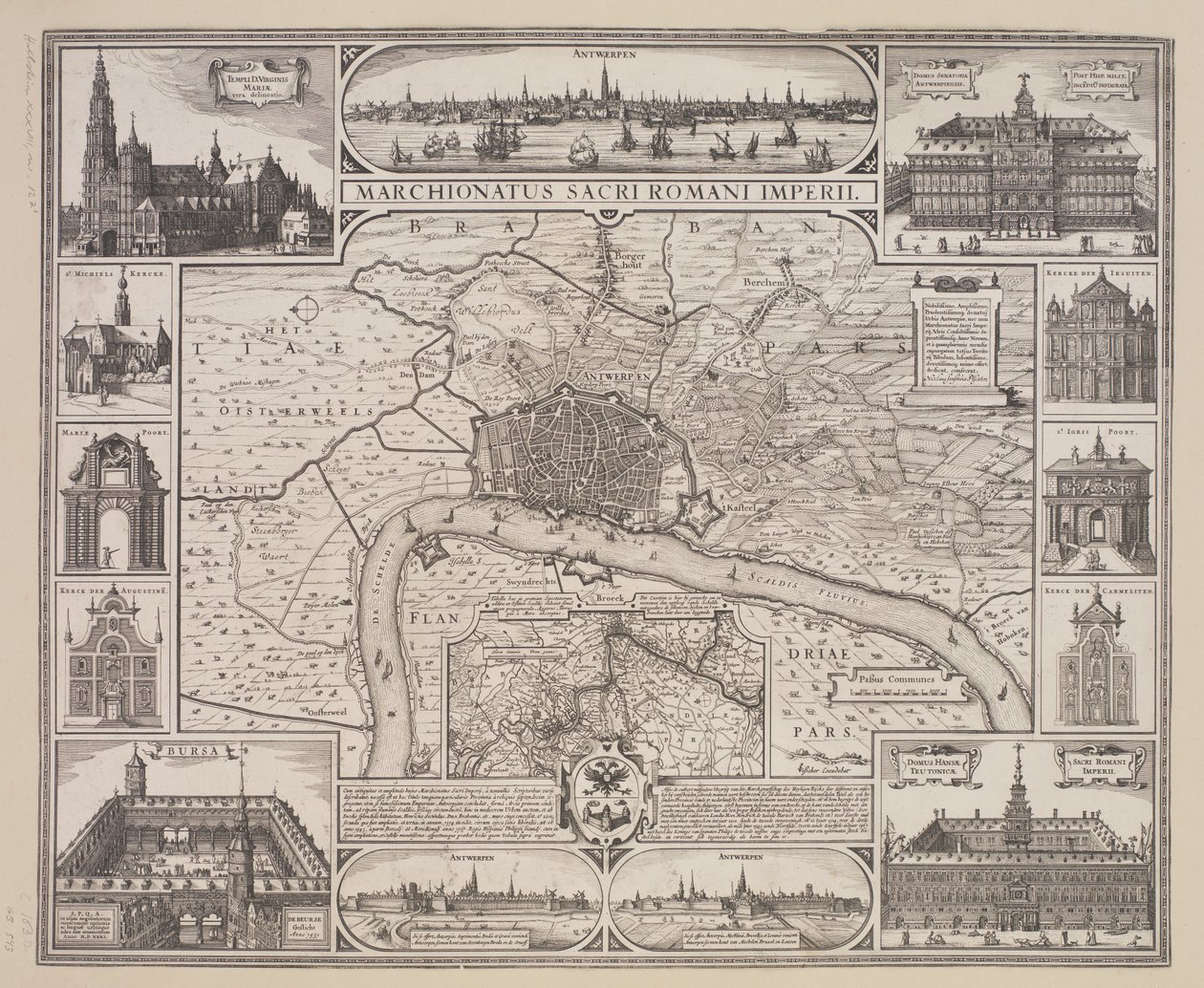 Plan över Antwerpen med prospekt över staden och de viktigaste byggnaderna av Claes Jansz. Visscher