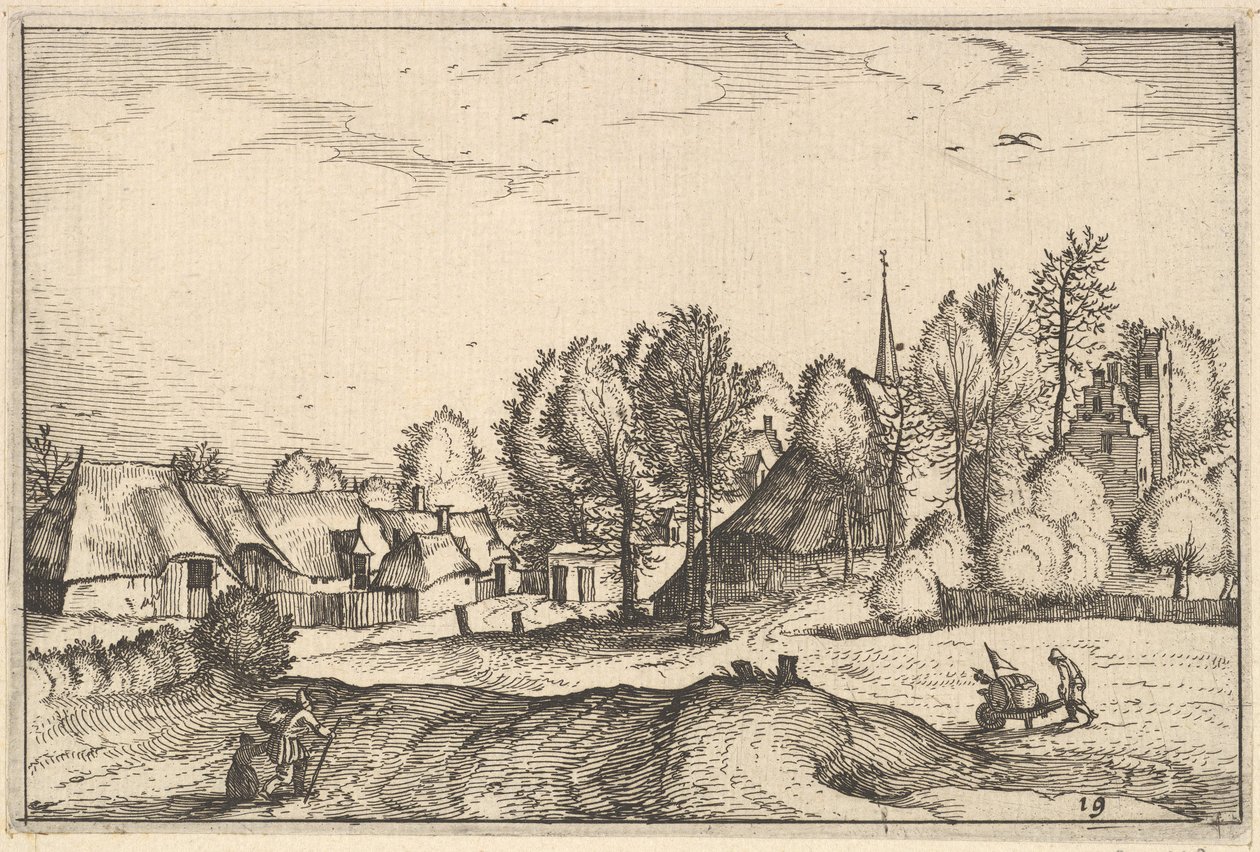 Vägen in i en by, skylt 19 från Regions and Villas of the Duchy of Brabant, ca. 1610 av Claes Jansz Visscher