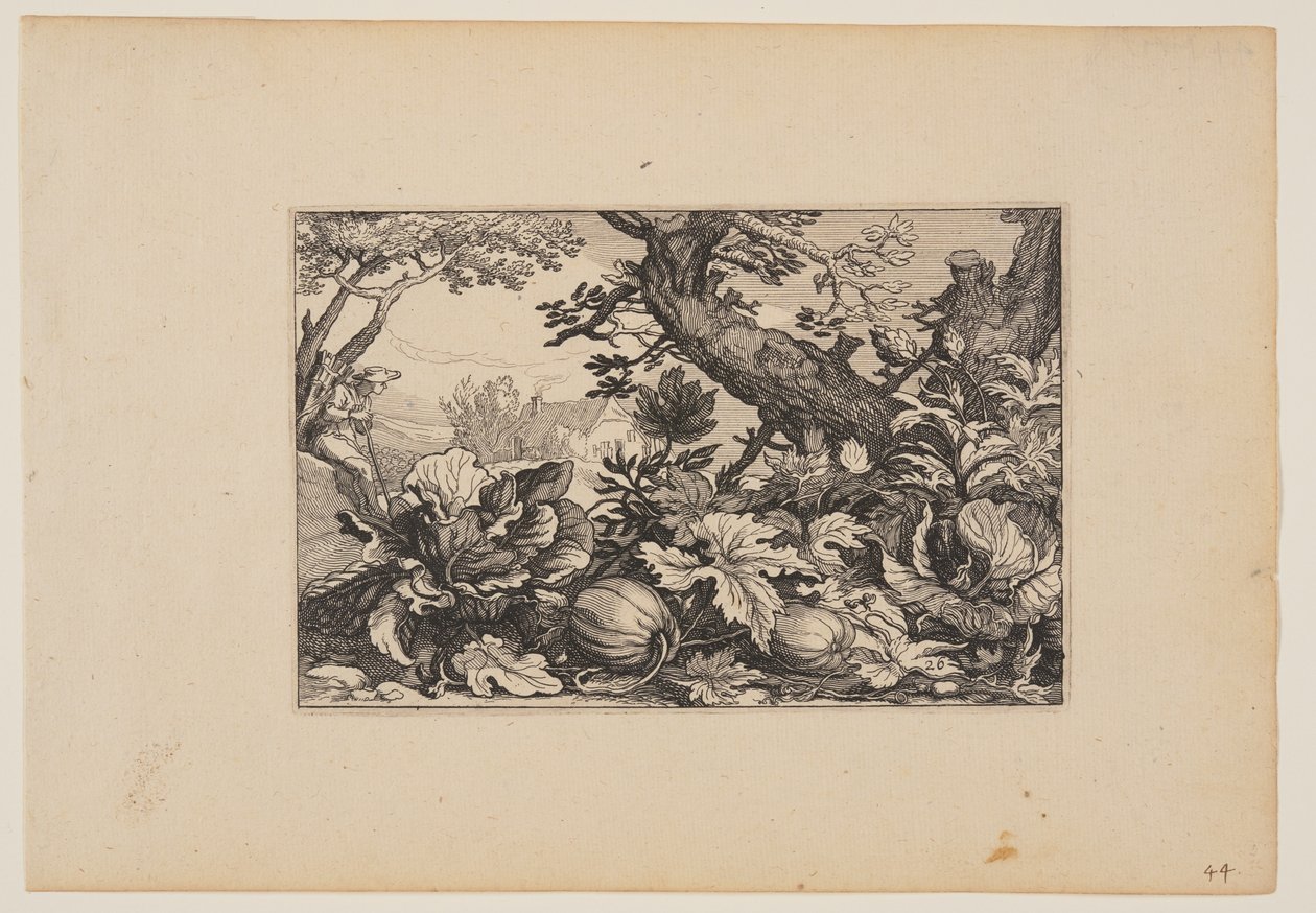 Träd och meloner, från landskap (Verscheyden aerdige Lanthuysen...) av Claes Jansz. Visscher