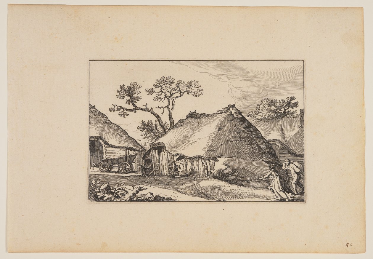 Två ladugårdar, vagnen till vänster, från Landskap (Verscheyden aerdige Lanthuysen...) av Claes Jansz. Visscher