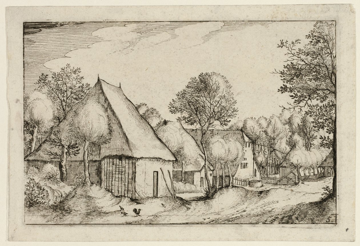 En bondgård, plansch fem efter Bilder av gårdar, lanthus och rustika byar (Praediorum villarum et rusticarum casularum icones) av Claes Jansz. Visscher II
