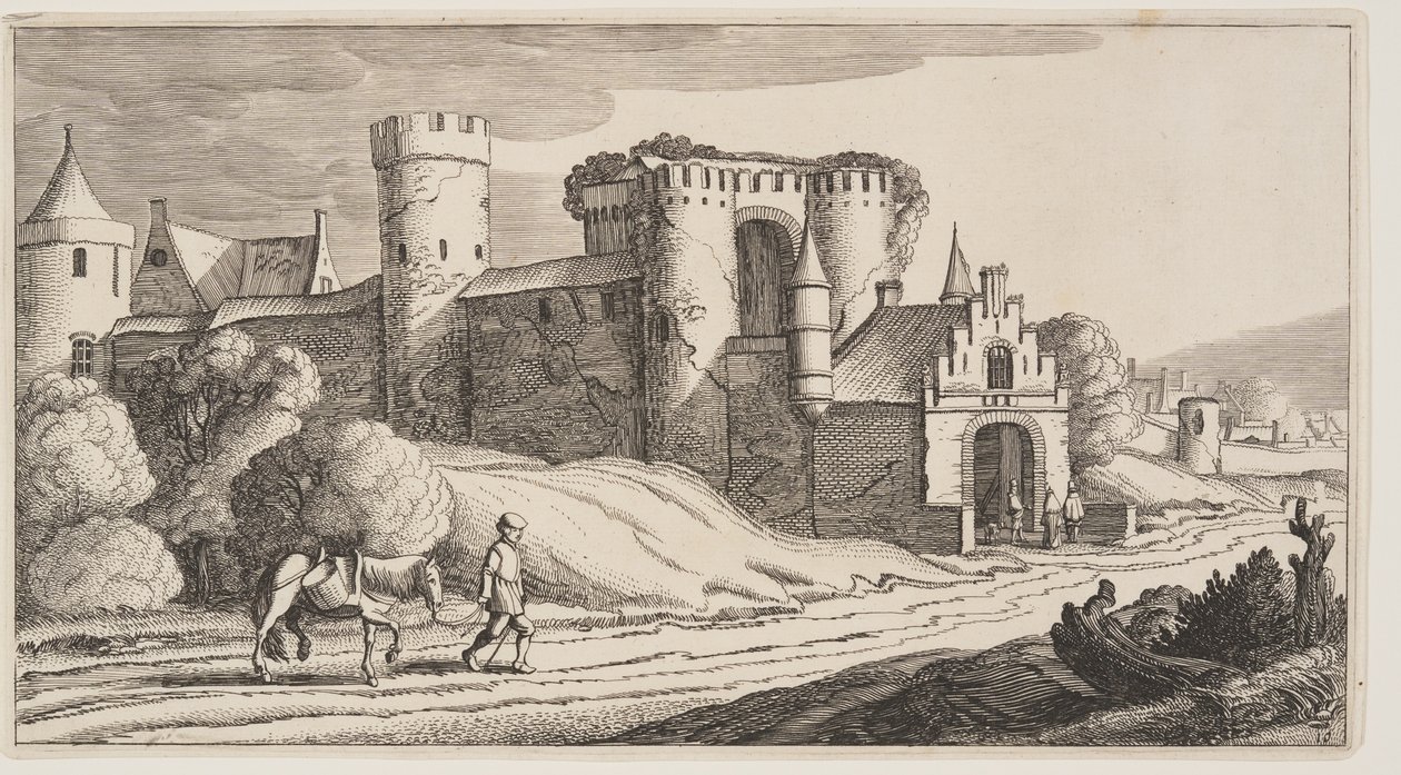 En bonde med en häst på en väg nära stadsmuren, från Landskap (Playsante Lantschappen) av Claes Jansz. Visscher II