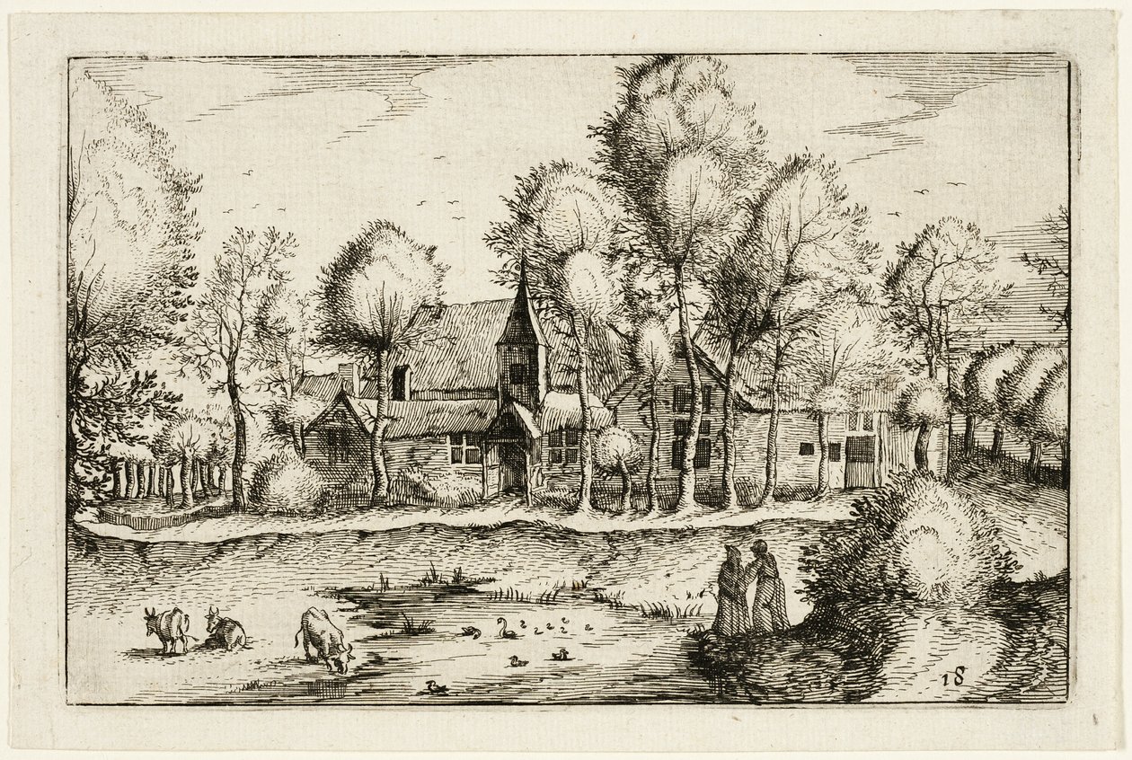 En damm, plåt arton efter Bilder av gårdar, lanthus och rustika byar (Praediorum villarum et rusticarum casularum icones) av Claes Jansz. Visscher II