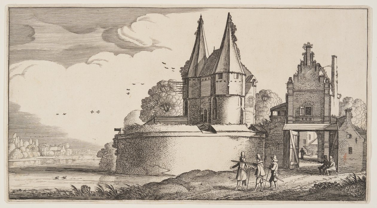 Bastion och stadsport vid en flod, från Landskap (Playsante Lantschappen) av Claes Jansz. Visscher II