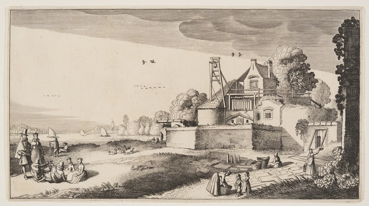 Blekningsfält framför ett fort vid en flod, från Landskap (Playsante Lantschappen) av Claes Jansz. Visscher II