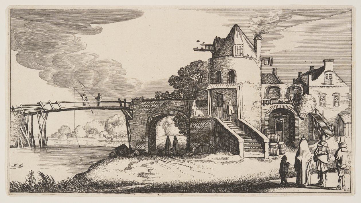 Bro med tullhus, från Landskap (Playsante Lantschappen) av Claes Jansz. Visscher II