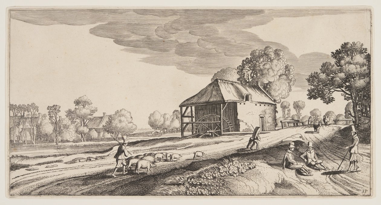 Vägkorsning nära en vattenkvarn, från Landscapes (Playsante Lantschappen) av Claes Jansz. Visscher II