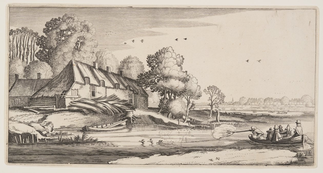 Andjakt från en radbåt nära en gård, från Landscapes (Playsante Lantschappen) av Claes Jansz. Visscher II