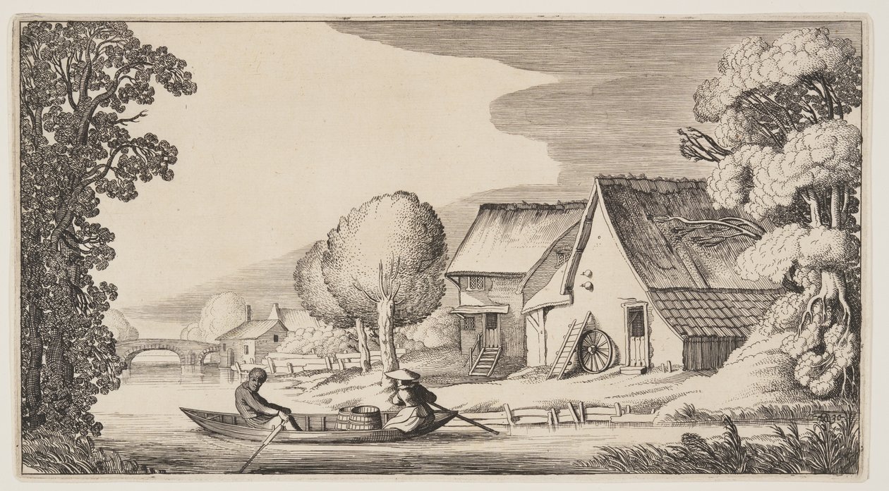 Bonde och kvinna Bonde i en radbåt, från Landskap (Playsante Lantschappen) av Claes Jansz. Visscher II