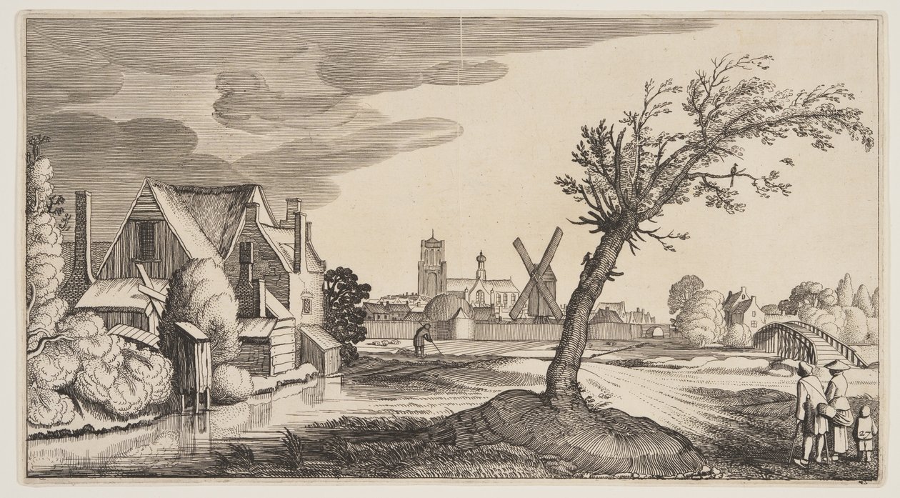 Hus vid en damm utanför en stad, från Landscapes (Playsante Lantschappen) av Claes Jansz. Visscher II