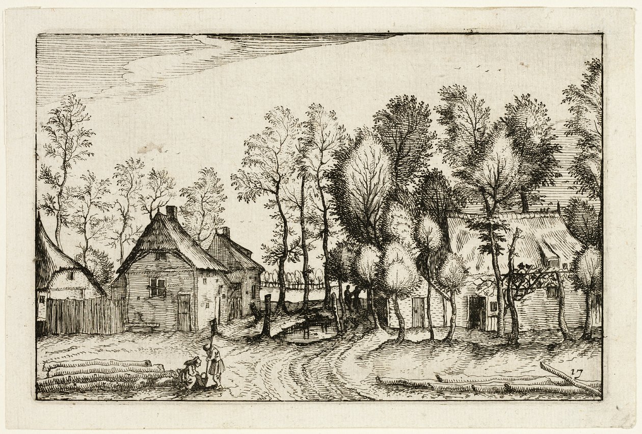 Landskap med nedhuggna träd, plåt sjutton efter Bilder av gårdar, lanthus och rustika byar (Praediorum villarum et rusticarum casularum icones) av Claes Jansz. Visscher II