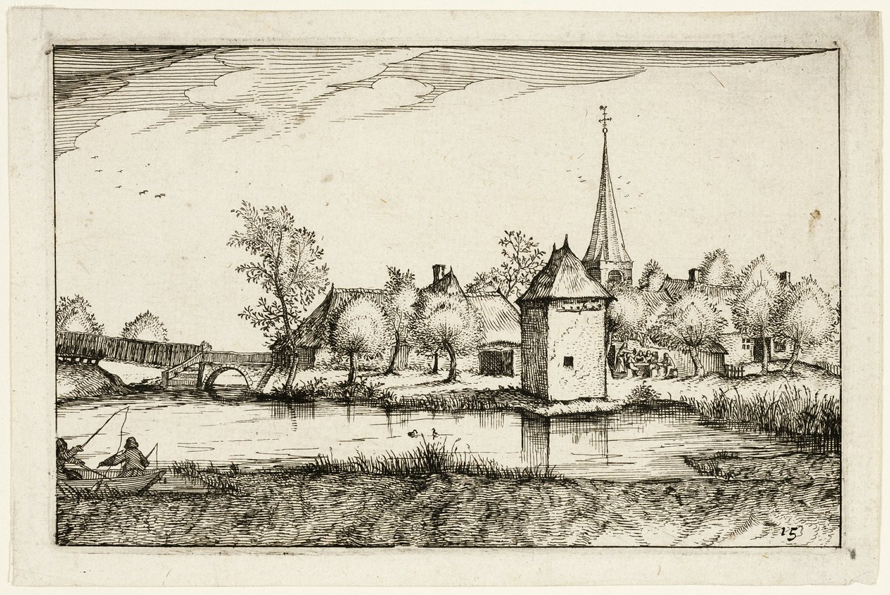 Damm och en by, plansch femton efter Bilder av gårdar, lanthus och rustika byar (Praediorum villarum et rusticarum casularum icones) av Claes Jansz. Visscher II