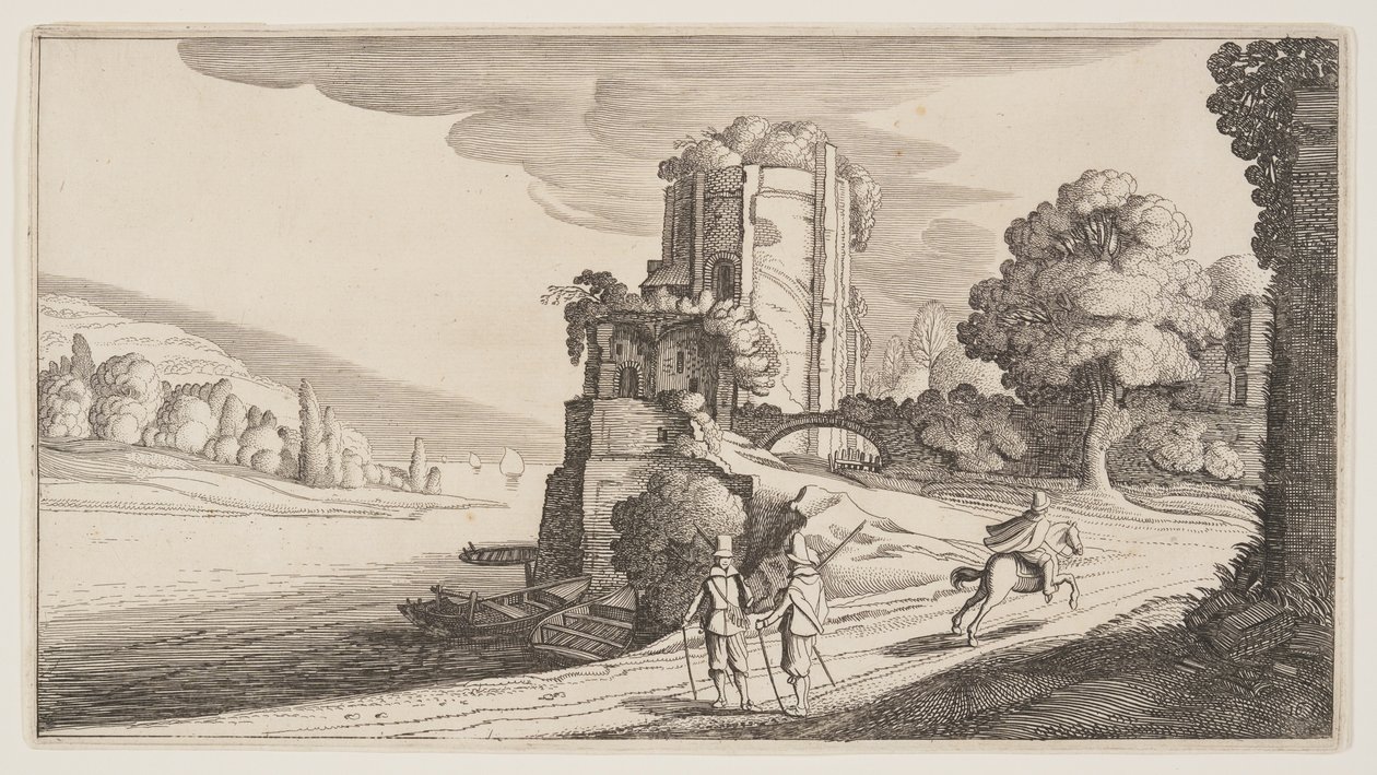 Runda tornet vid en flod, från Landskap (Playsante Lantschappen) av Claes Jansz. Visscher II