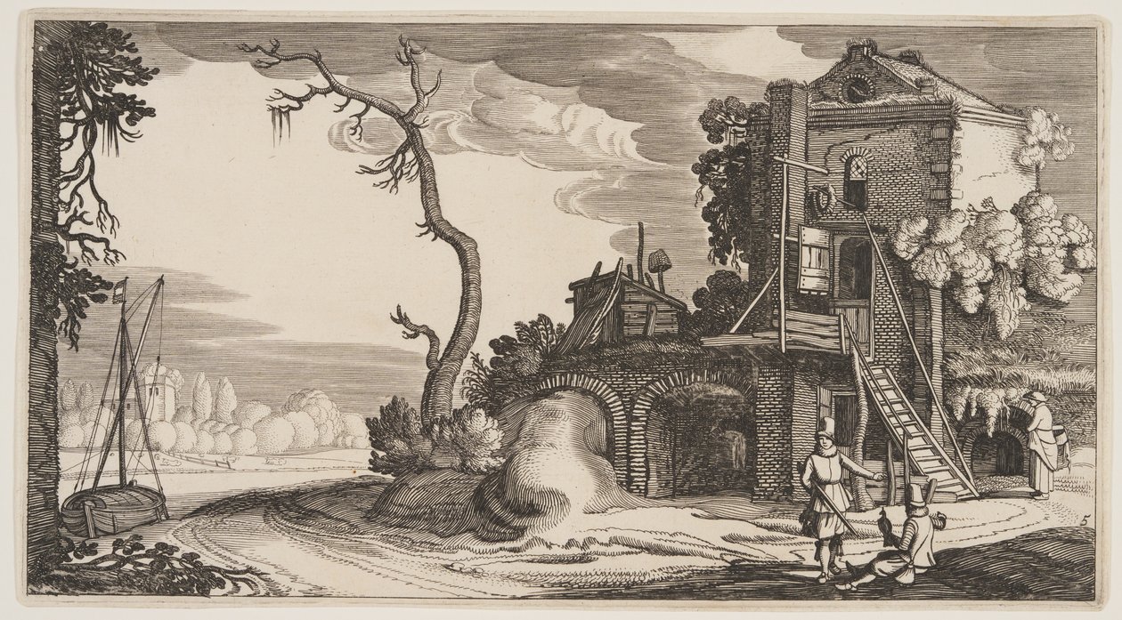 Fyrkantigt torn som användes som värdshus nära en flod, från Landscapes (Playsante Lantschappen) av Claes Jansz. Visscher II