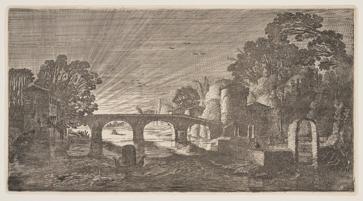 Solnedgång över en flod, från Landscapes (Playsante Lantschappen) av Claes Jansz. Visscher II
