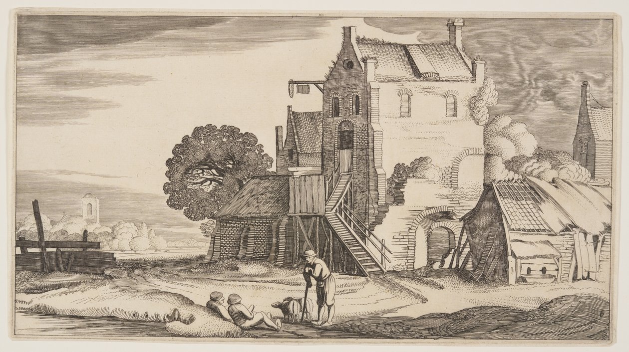 Tre figurer i samtal nära ett värdshus, ur Landskap (Playsante Lantschappen) av Claes Jansz. Visscher II