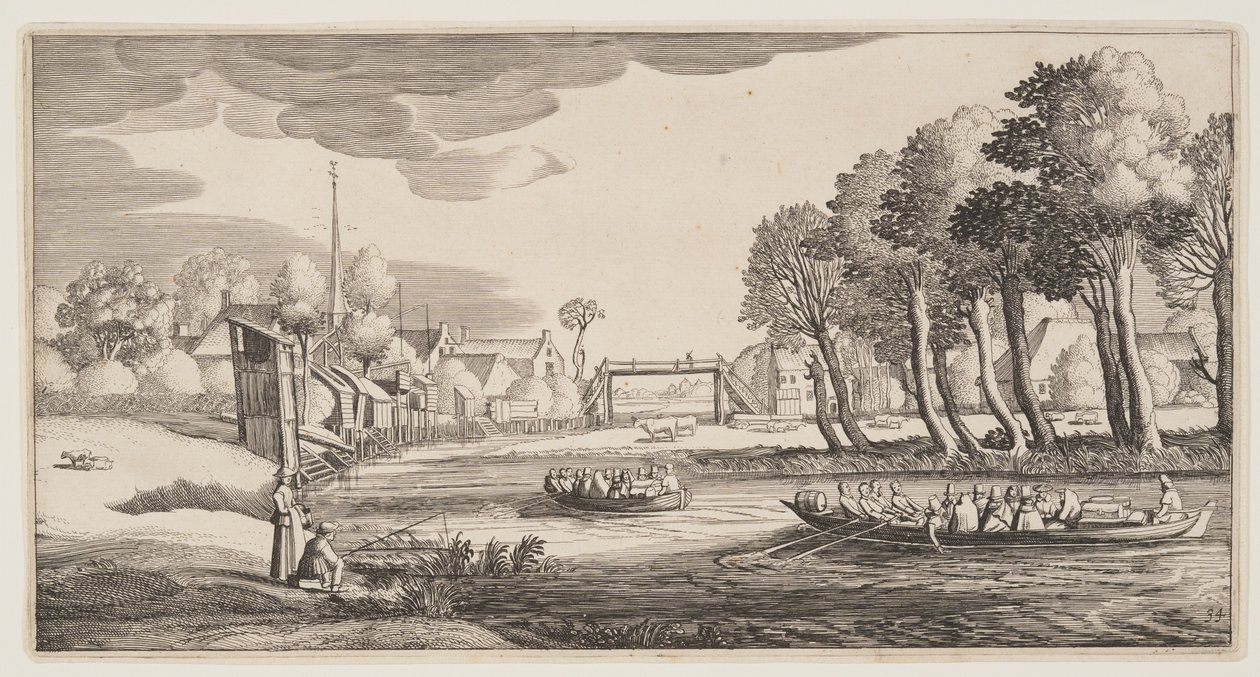 Resande i radbåtar som närmar sig en by, från Landskap (Playsante Lantschappen) av Claes Jansz. Visscher II