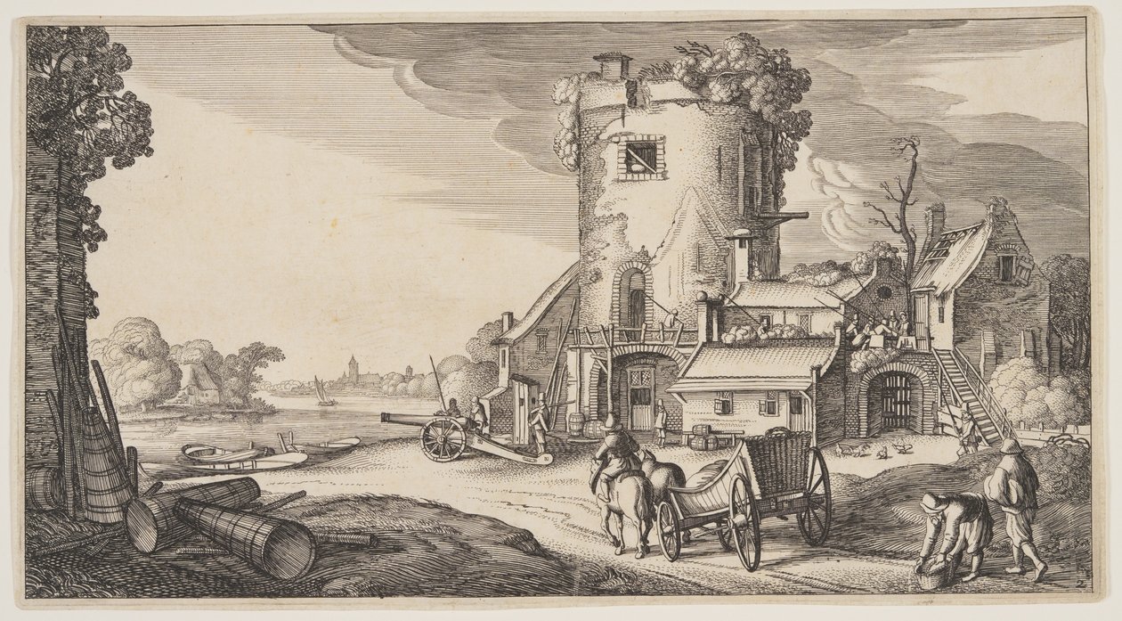 Vakttorn nära en flod, från Landscapes (Playsante Lantschappen) av Claes Jansz. Visscher II