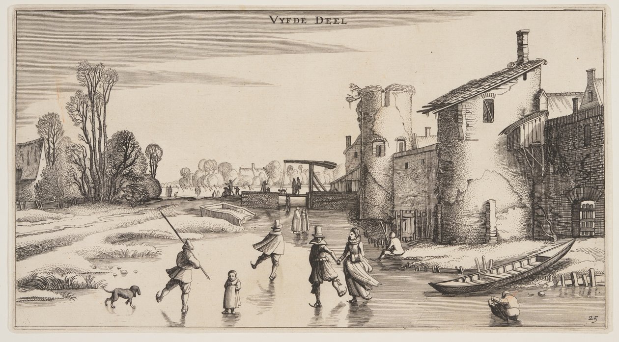 Vinterlandskap med skridskoåkare längs en stadsmur, från Landskap (Playsante Lantschappen) av Claes Jansz. Visscher II