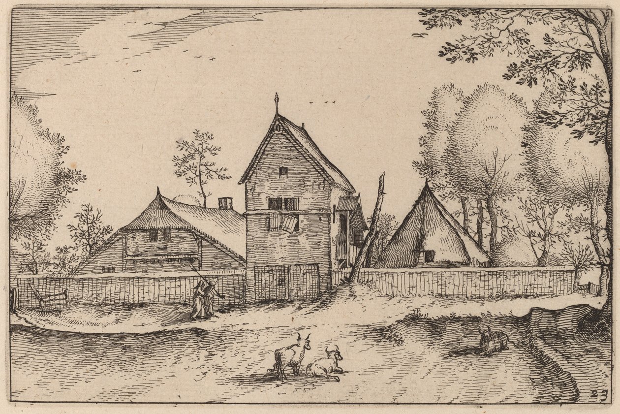 Stor muromgärdad gård av Claes Jansz Visscher after Johannes van Doetechum, the Elder after Lucas