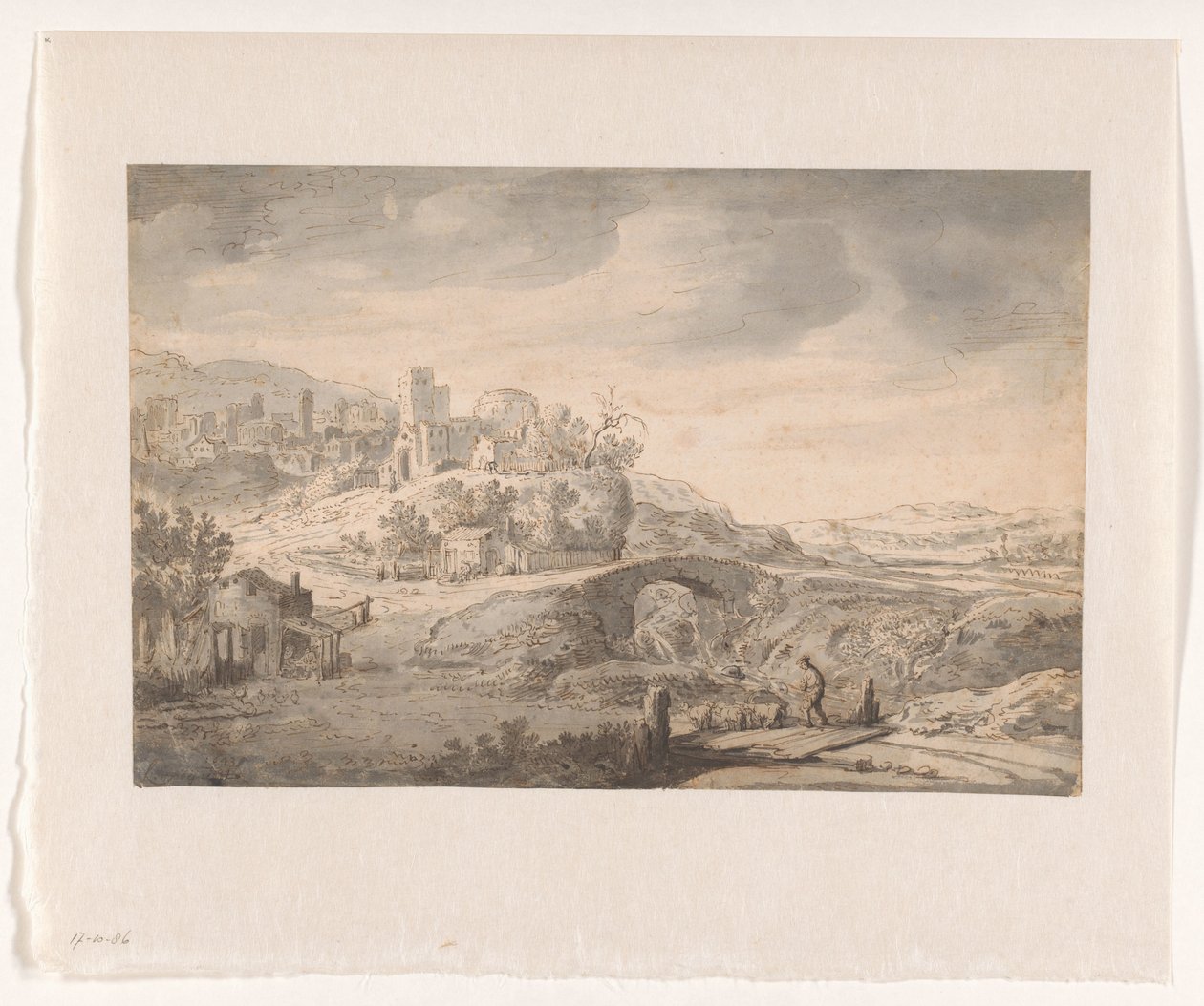 Landskap med en stad på en kulle och en herde av Claes Moeyaert (possibly)