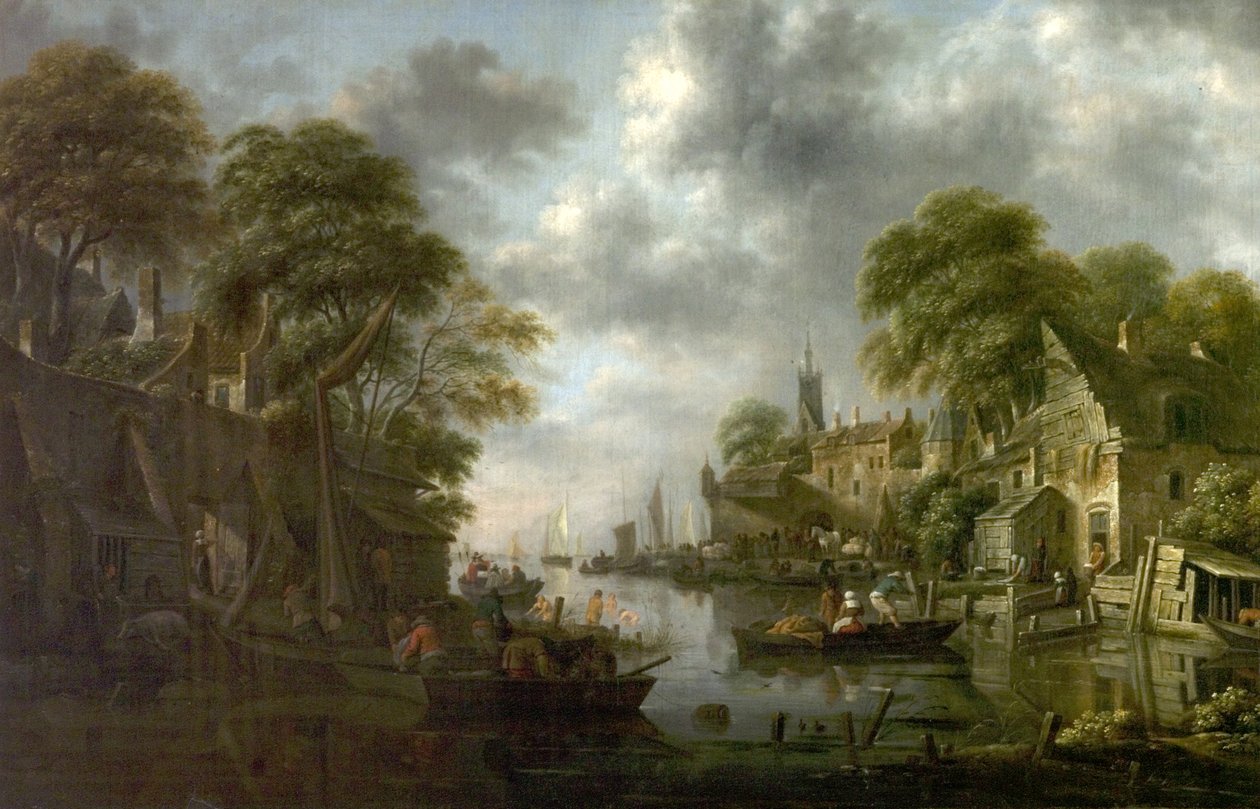 Flodscen med båtar och figurer, 1665 av Claes Molenaer