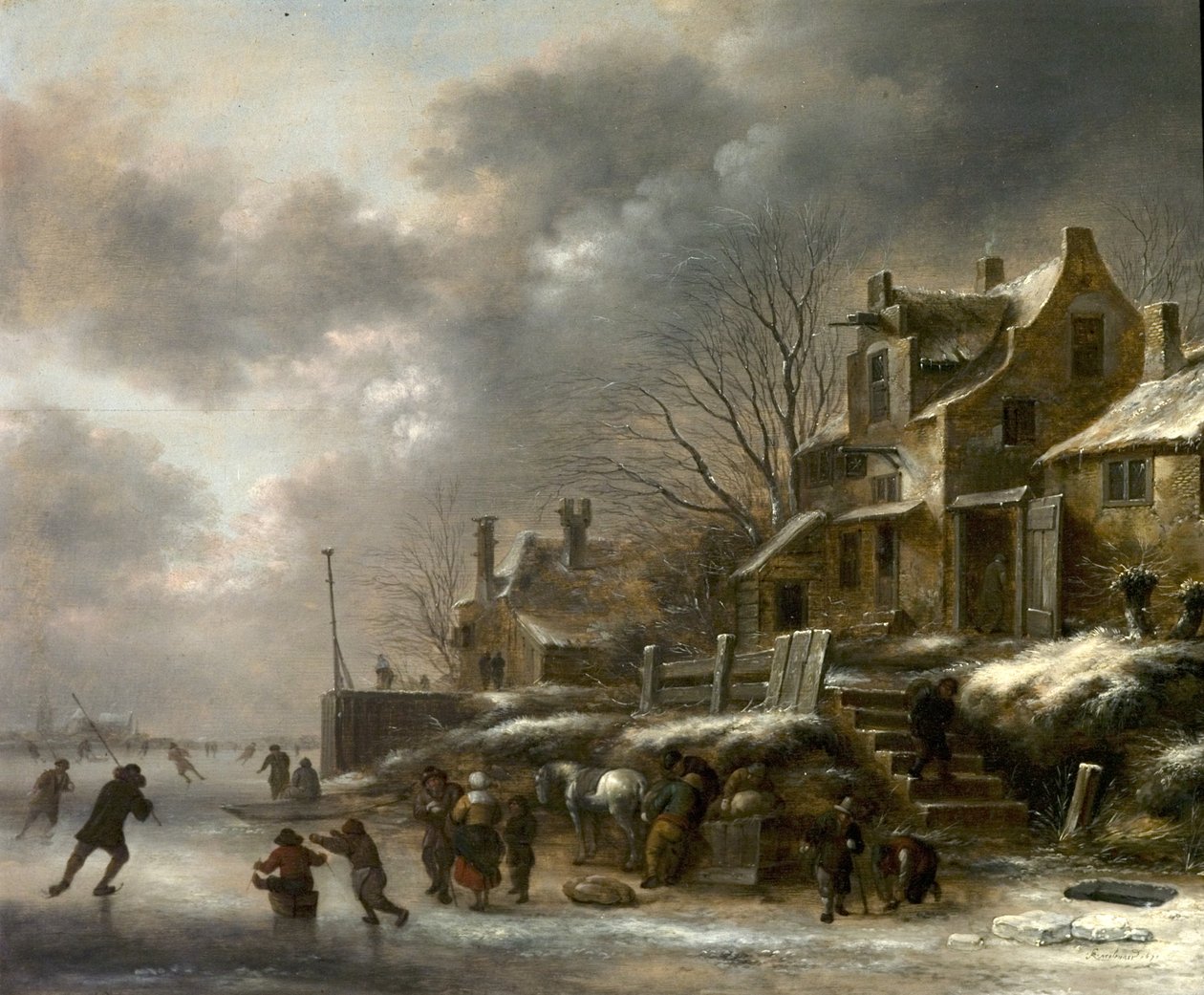 Vinterscen, flod med konståkning, 1671 av Claes Molenaer