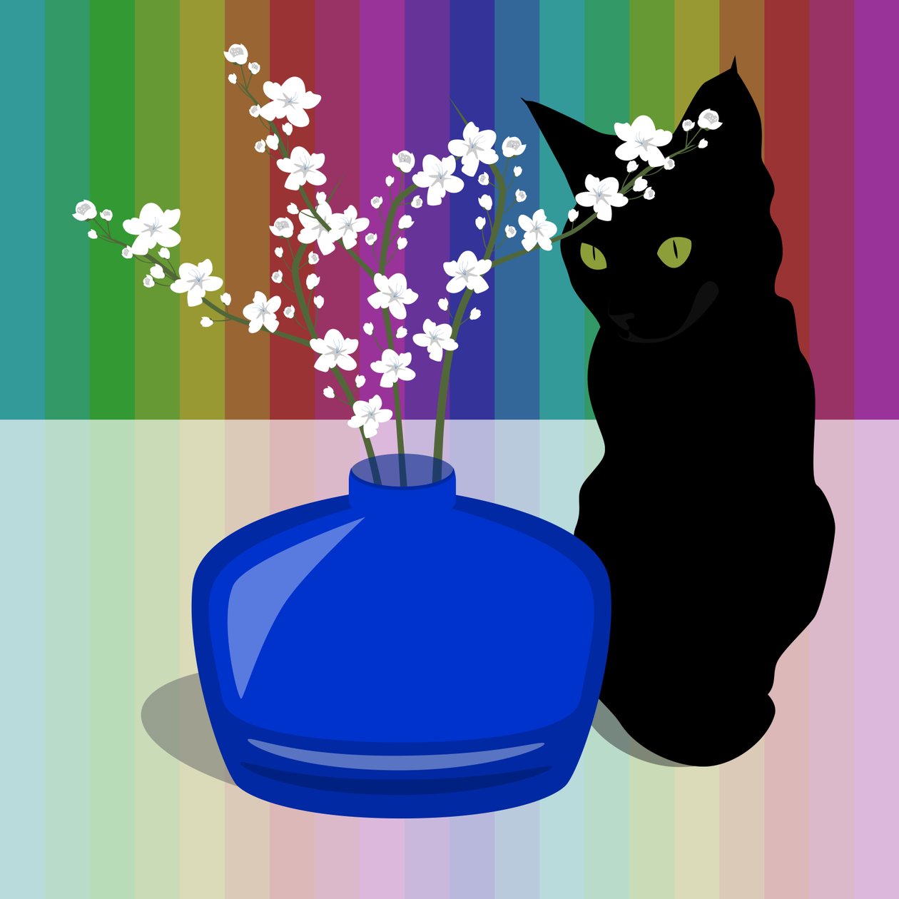 Blå glasvas med blomma och svart katt av Claire Huntley