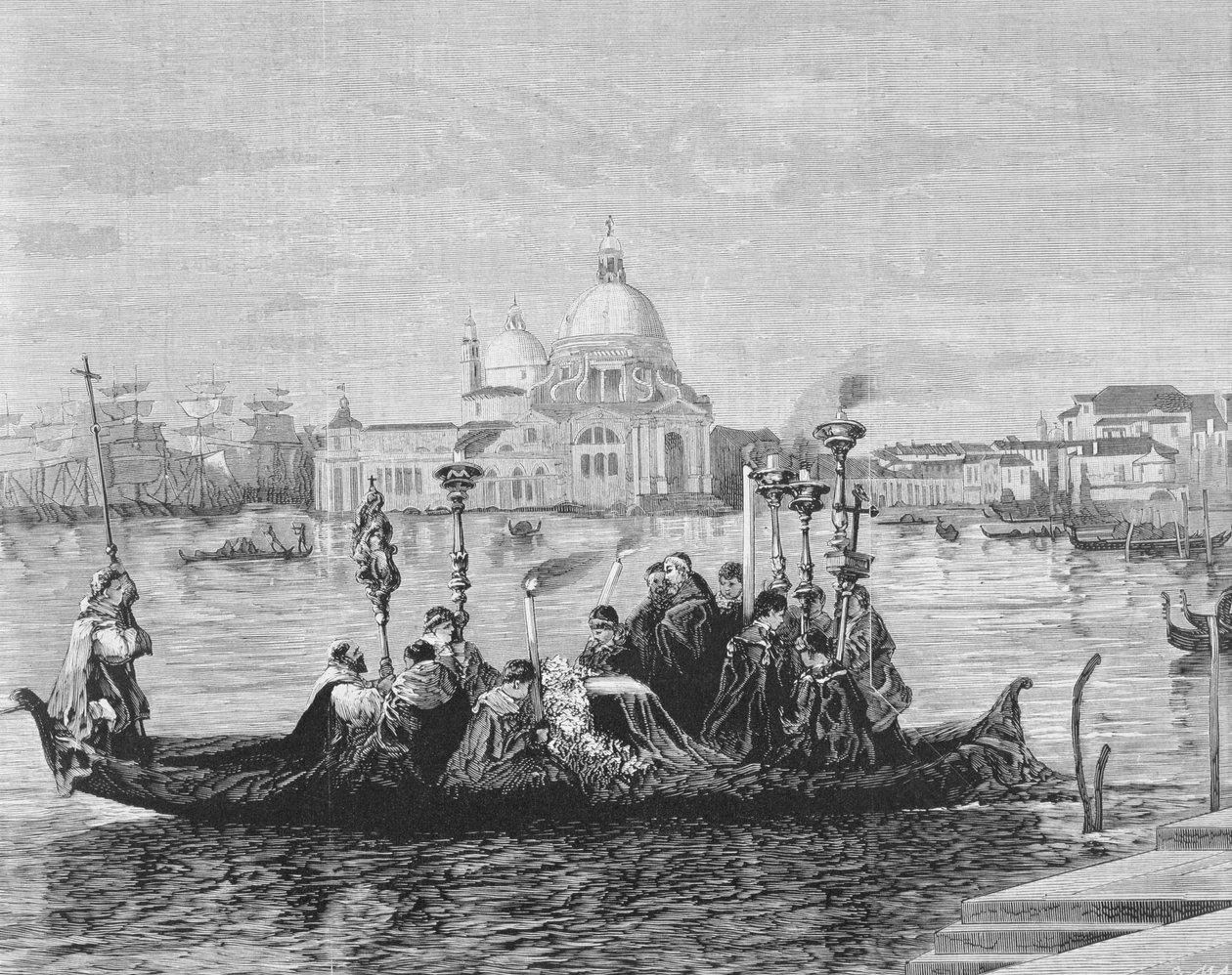 En begravning i Venedig, från målningen "Going to the Campo Santo" av Clara Montalba