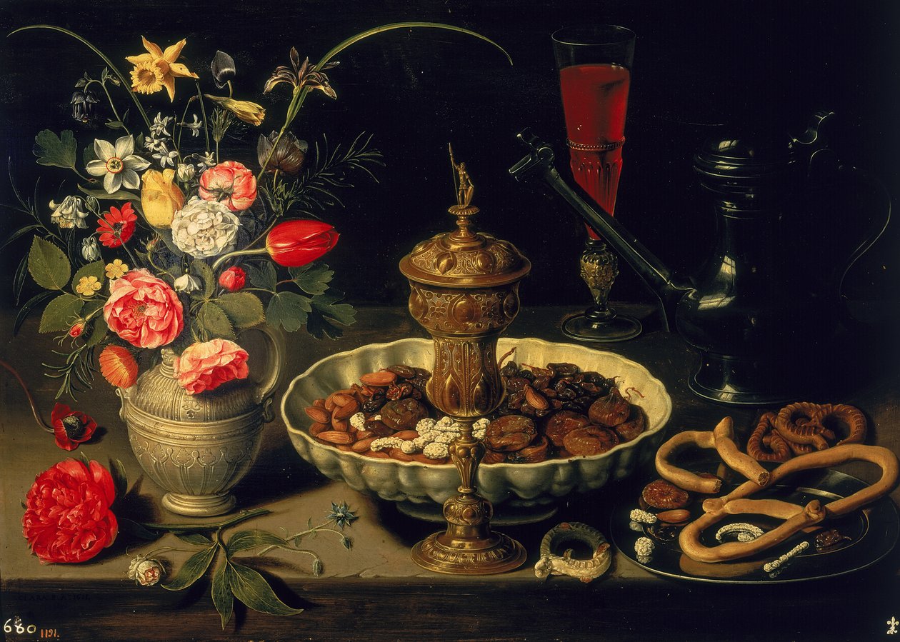 Stilleben av blommor och torkad frukt, 1611 av Charlotte Evans