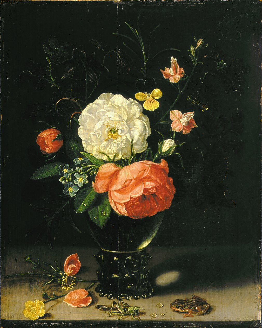 Blommor i en vas med gräshoppa och groda. av Clara Peeters