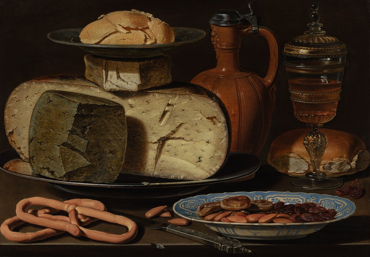 Stilleben med ostar, mandel och kringlor, c.1615 av Charlotte Evans