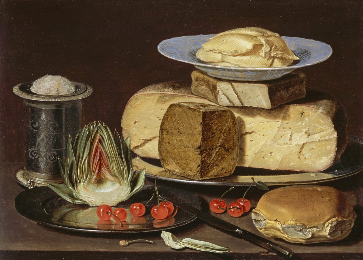 Stilleben med ostar, kronärtskocka och körsbär, ca 1625 av Charlotte Evans
