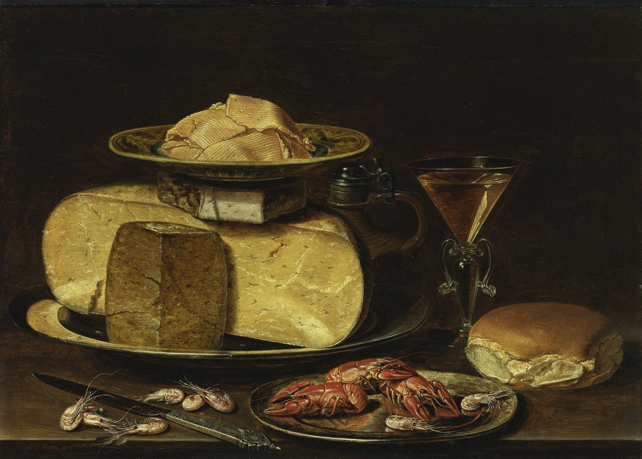 Stilleben med ostar, Glas à la façon de Venise och kräftor på en tennfat av Charlotte Evans