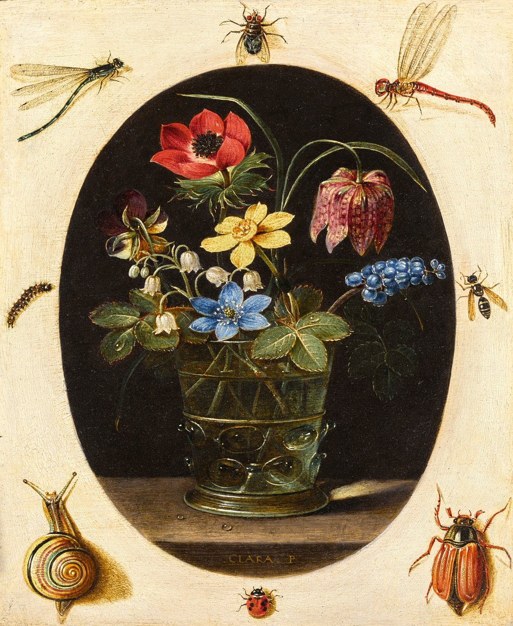 Stilleben med blommor omgivna av insekter och en snigel av Clara Peeters