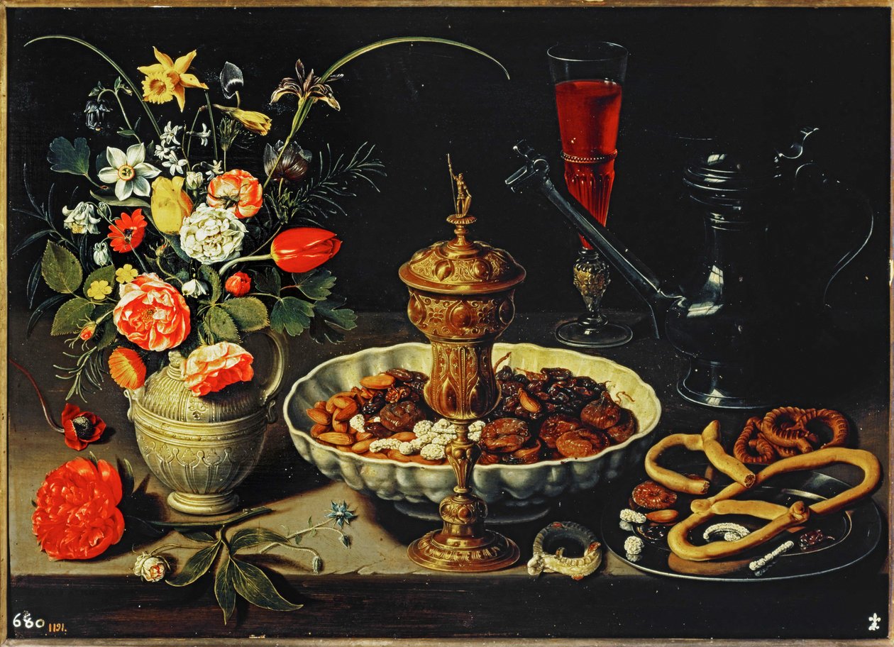 Bord med tillbringare, blommor, torkad frukt ... av Clara Peeters