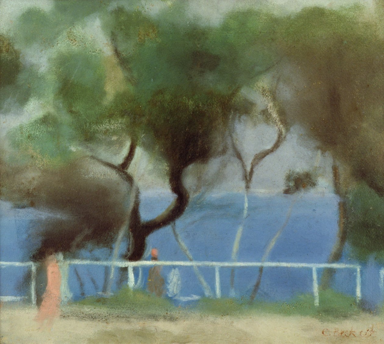 The Blue Sea, Beaumaris (olja på kartong) av Clarice Beckett