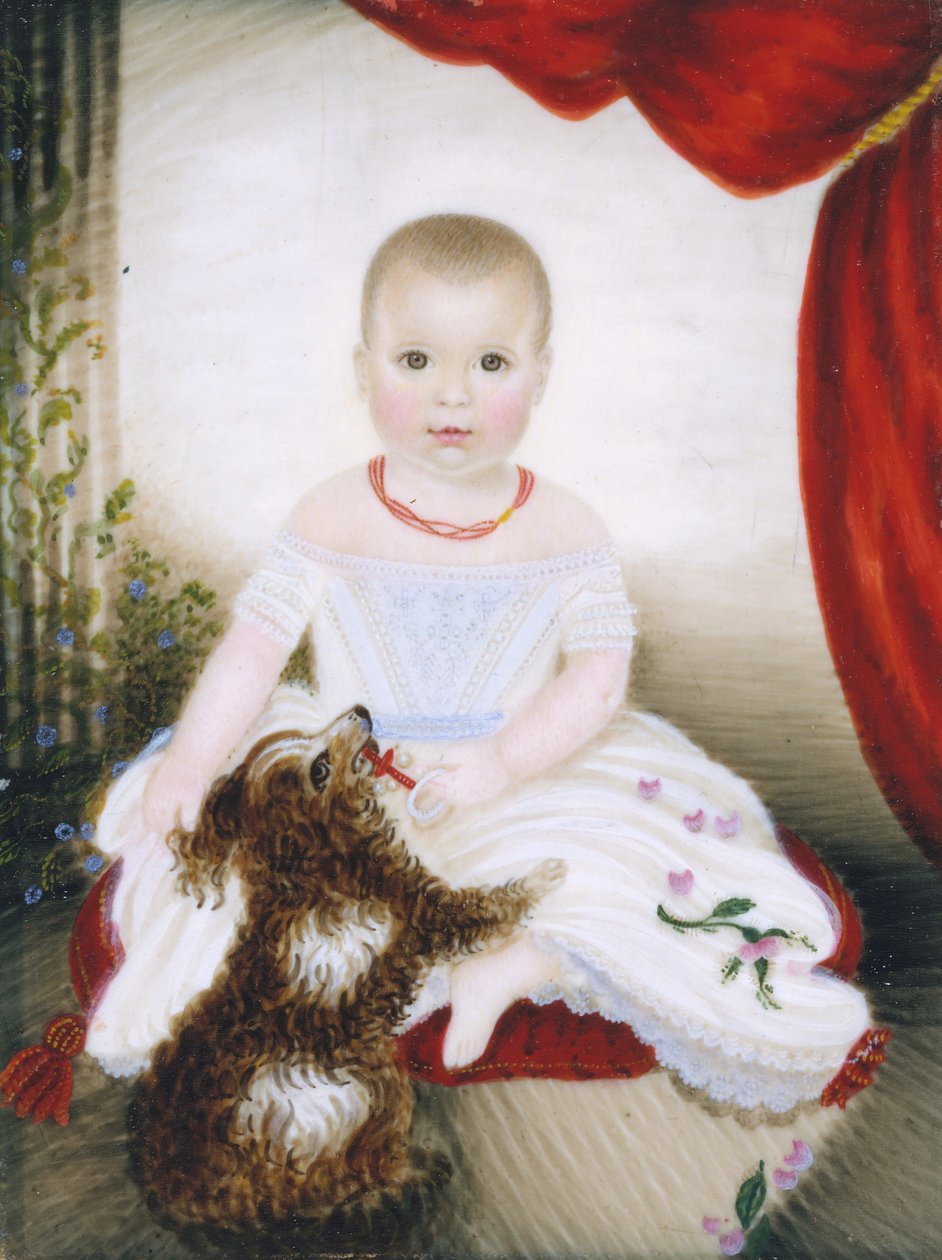 Baby med skallra och hund, 1842. av Clarissa Peters