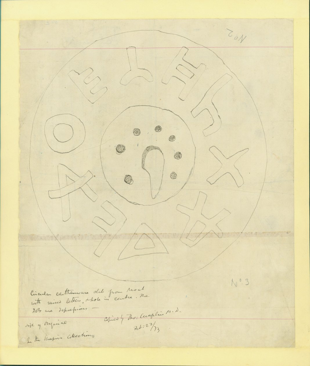 Cirkulär lergodsplatta från Moab från Shapiras 2:a samling, 1873 (wc och penna på papper) av Claude Conder